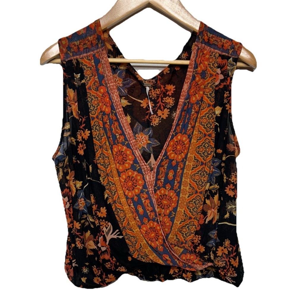 Anthropologie Free People Havana Floral Drape‎ Tank Top Black Orange Size Small
